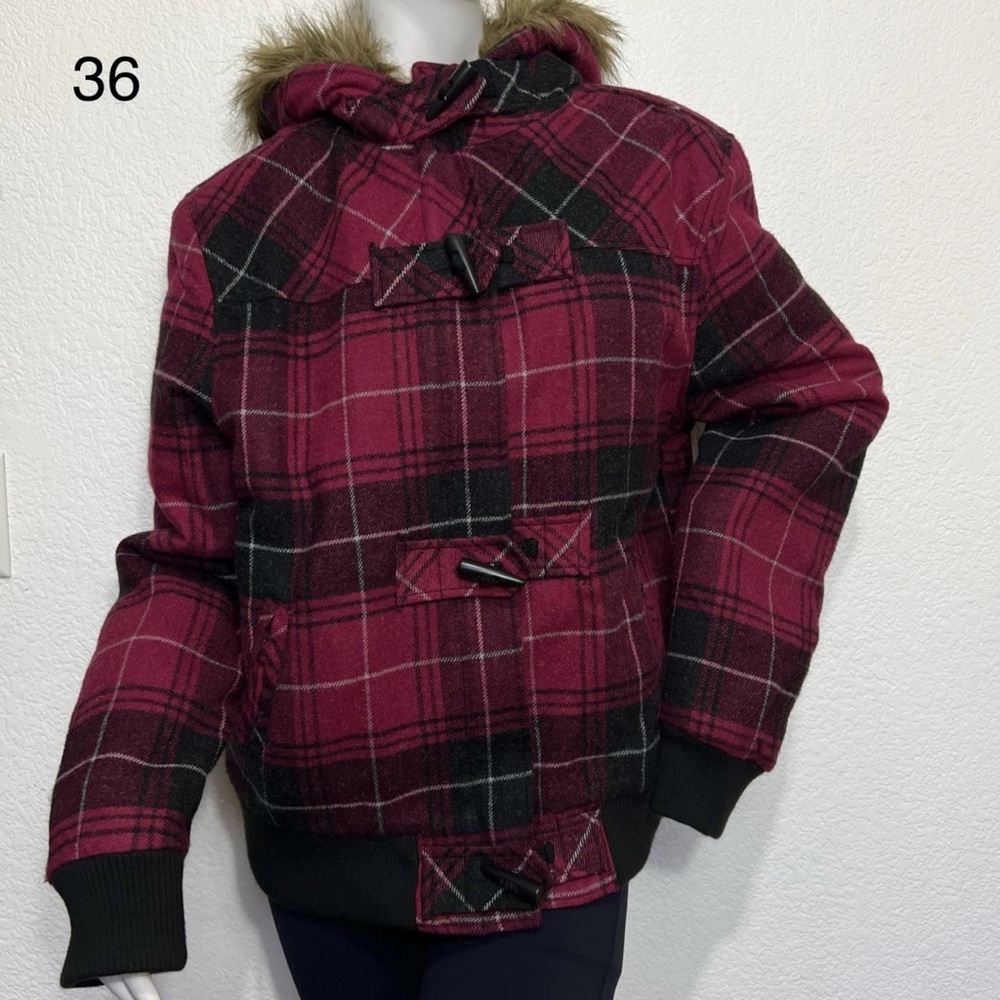 Vtg Anchor Blue Women Wool Duffel Coat M Zip Snap Lined Faux-Hood Buffalo Plaid